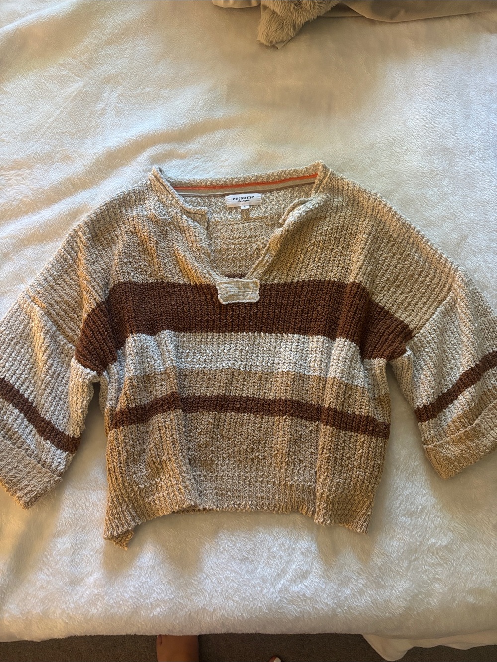 Cropped Striped Knit Sweater in Beige and Brown
